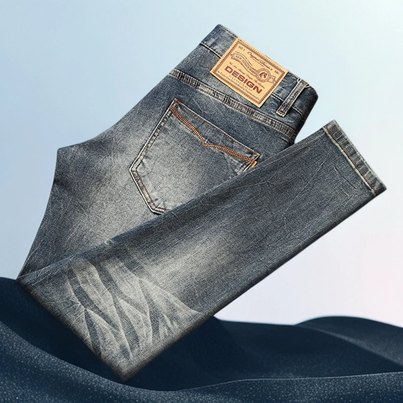 巴赛娜缇夏季复古蓝牛仔裤男水洗磨白微弹修身小直筒时尚长裤男装