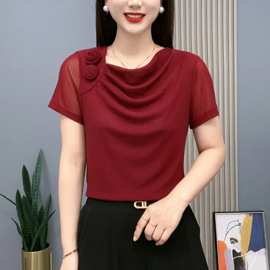 夏季新款网纱短T恤肩膀两朵花纯色修身显瘦洋气打底衫百搭女上衣