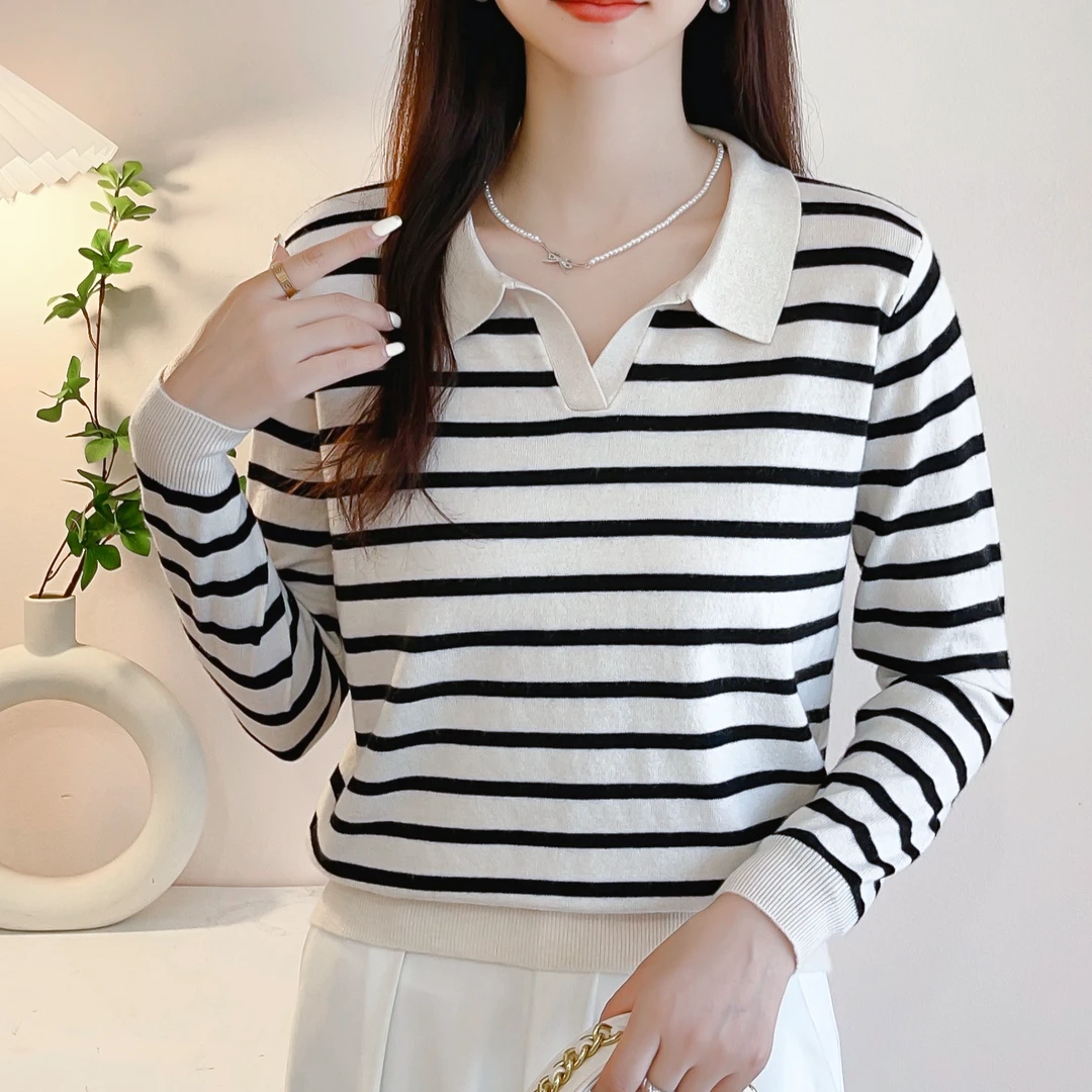 【方领条纹长袖】女士针织衫长袖新款打底衫时尚洋气外穿显瘦宽松