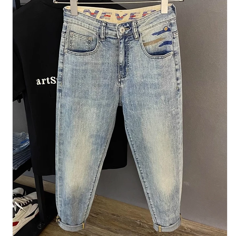 卓伊纳比轻奢浅色牛仔裤男2025夏季薄款微哈伦小脚裤锥形九分裤子