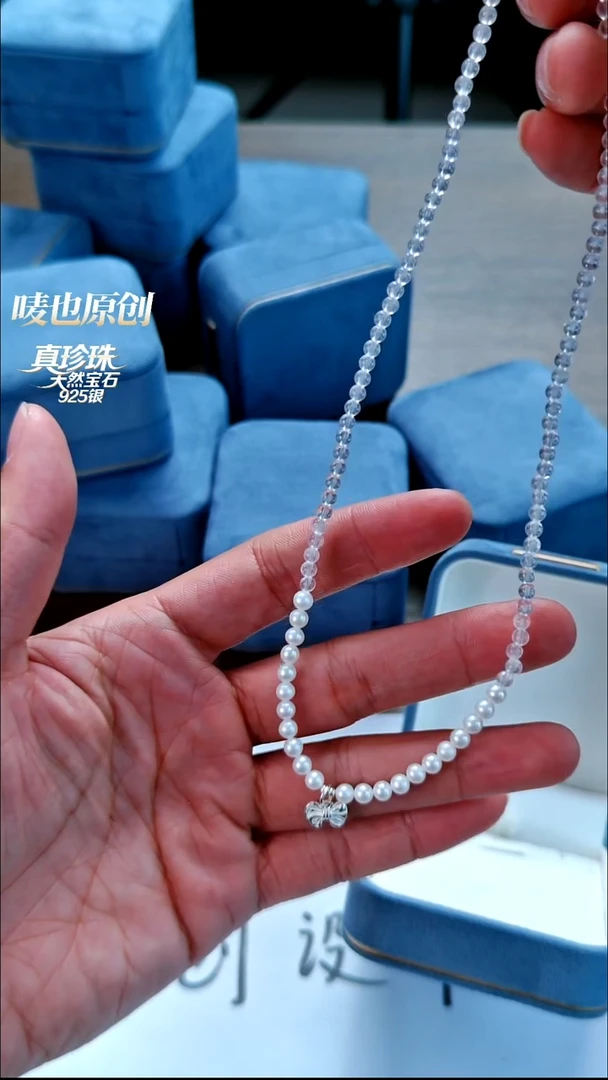 银S925镶嵌手链淡水珍珠白水配珍珠蝴蝶结项链