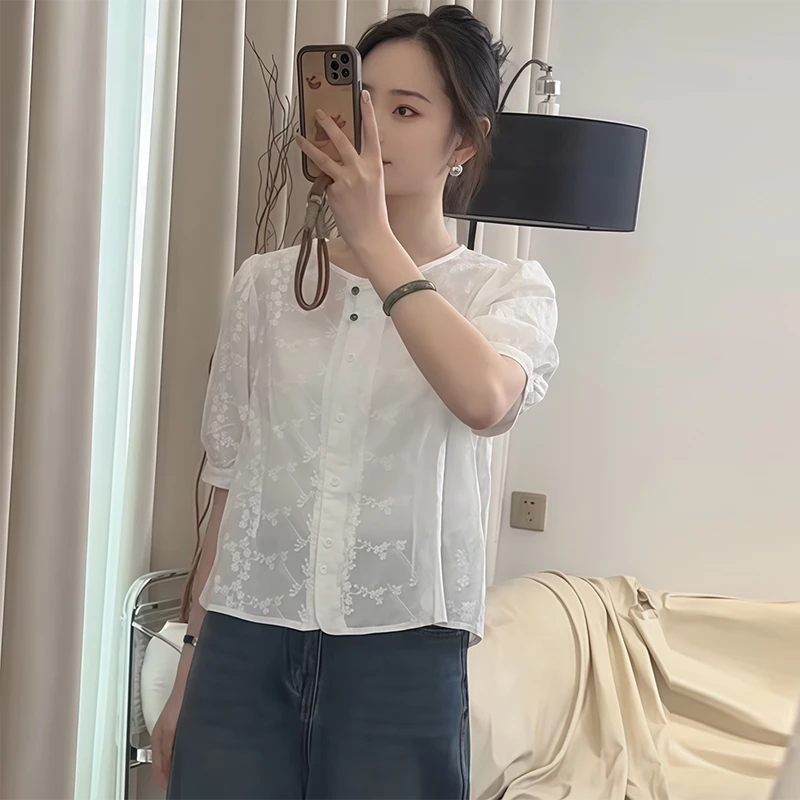 新中式国风短袖衬衫女夏季2025新款小个子高级感刺绣小衫薄款上衣