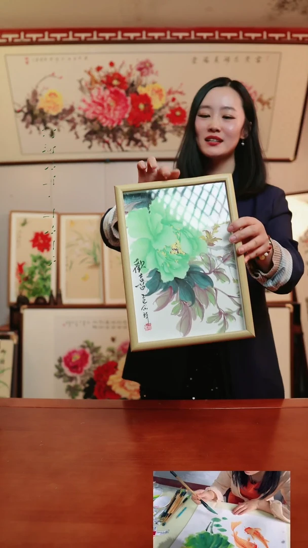 【闪购商品】书法非实木摆台~23*32厘米~绿牡丹欢喜