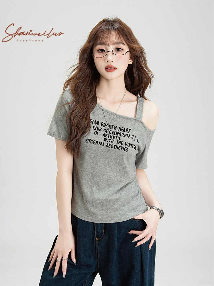 纯欲风斜肩设计短袖T恤女夏季新款字母印花修身显瘦百搭短款上衣