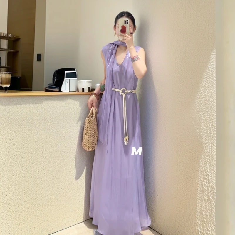 VOCKOO官方ENNUO法式气质飘带无袖连衣裙2025夏季新款宽松海边度