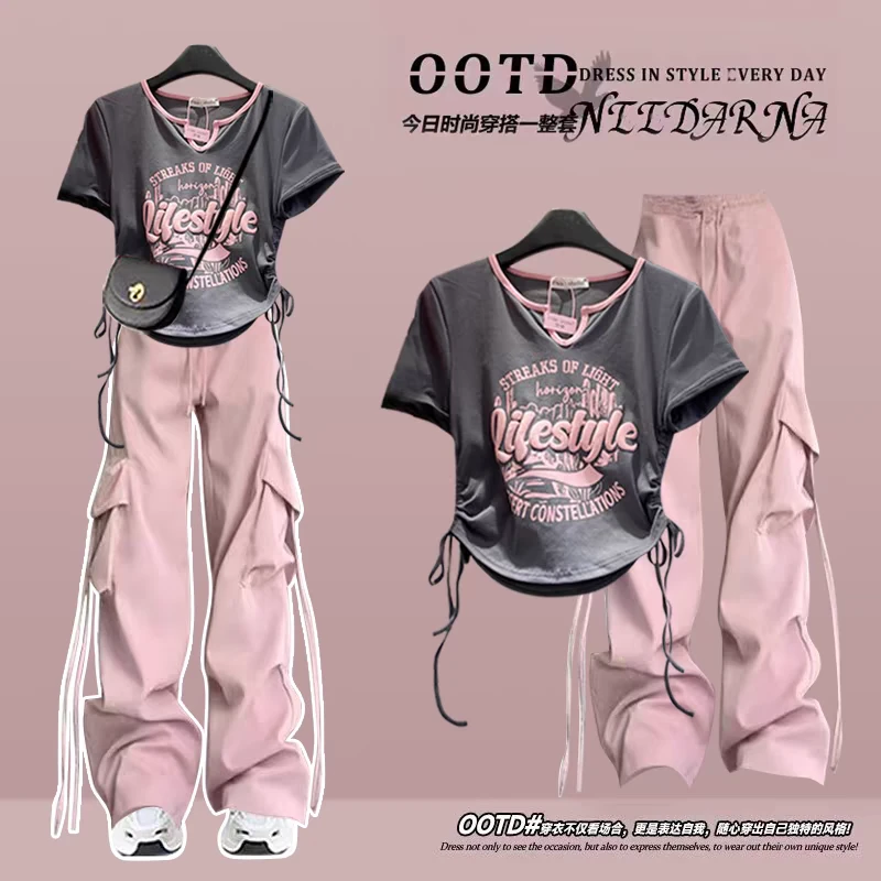 夏季多巴胺穿搭套装女2025新款甜辣短袖t恤上衣阔腿休闲裤工装裤