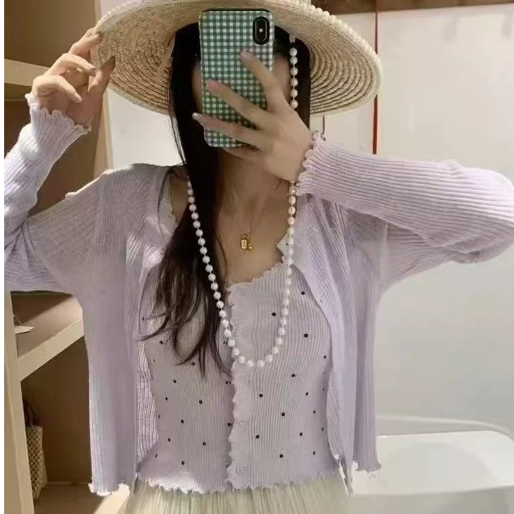PYs/toryy 春夏季新打底波点吊带背心外搭针织开衫上衣两件套吊带