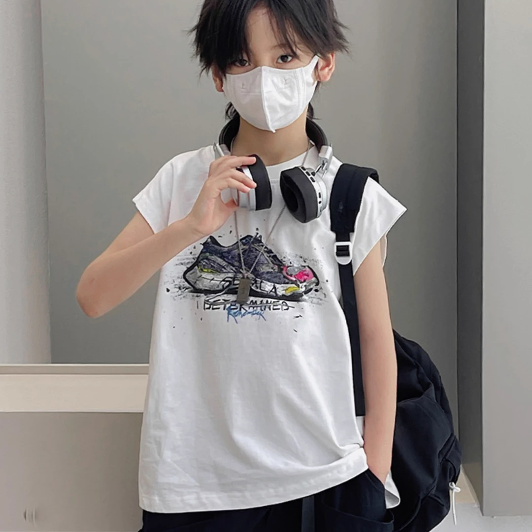 男童背心2025新款儿童无袖T恤中大童夏装男孩白色坎肩1188