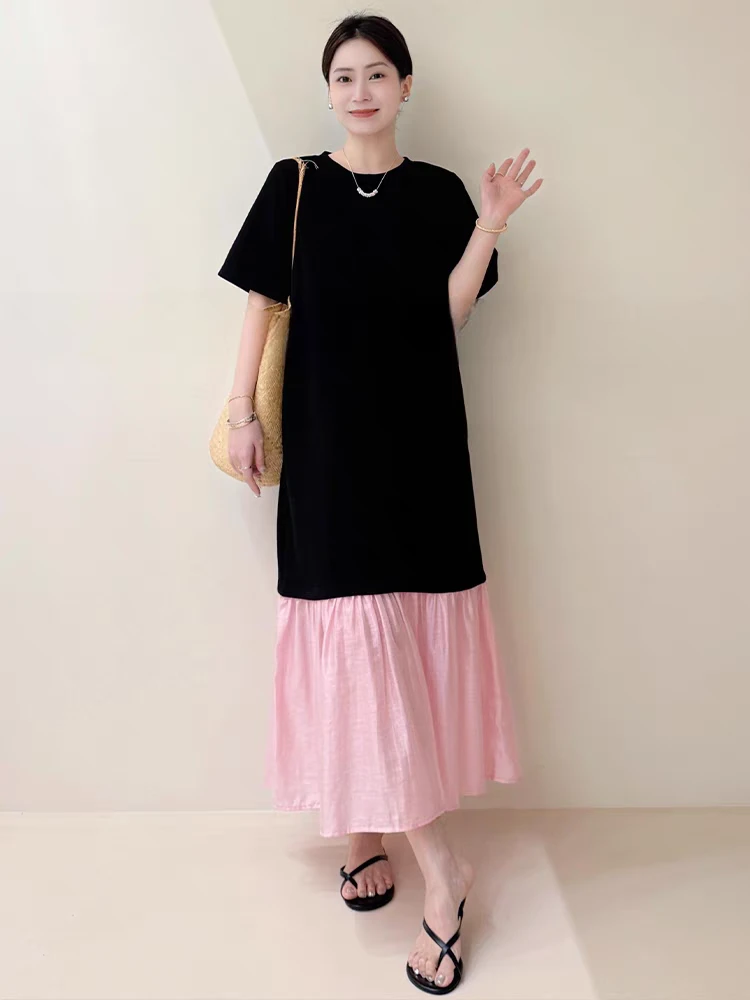 【步步生花】莫奈花园风下摆拼接T恤长裙撞色短袖连衣裙爆款裙夏季