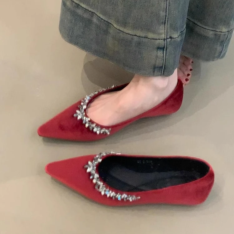 尖头水钻浅口镶嵌法式单鞋2025秋季新款平底一脚蹬优雅玛丽珍女鞋