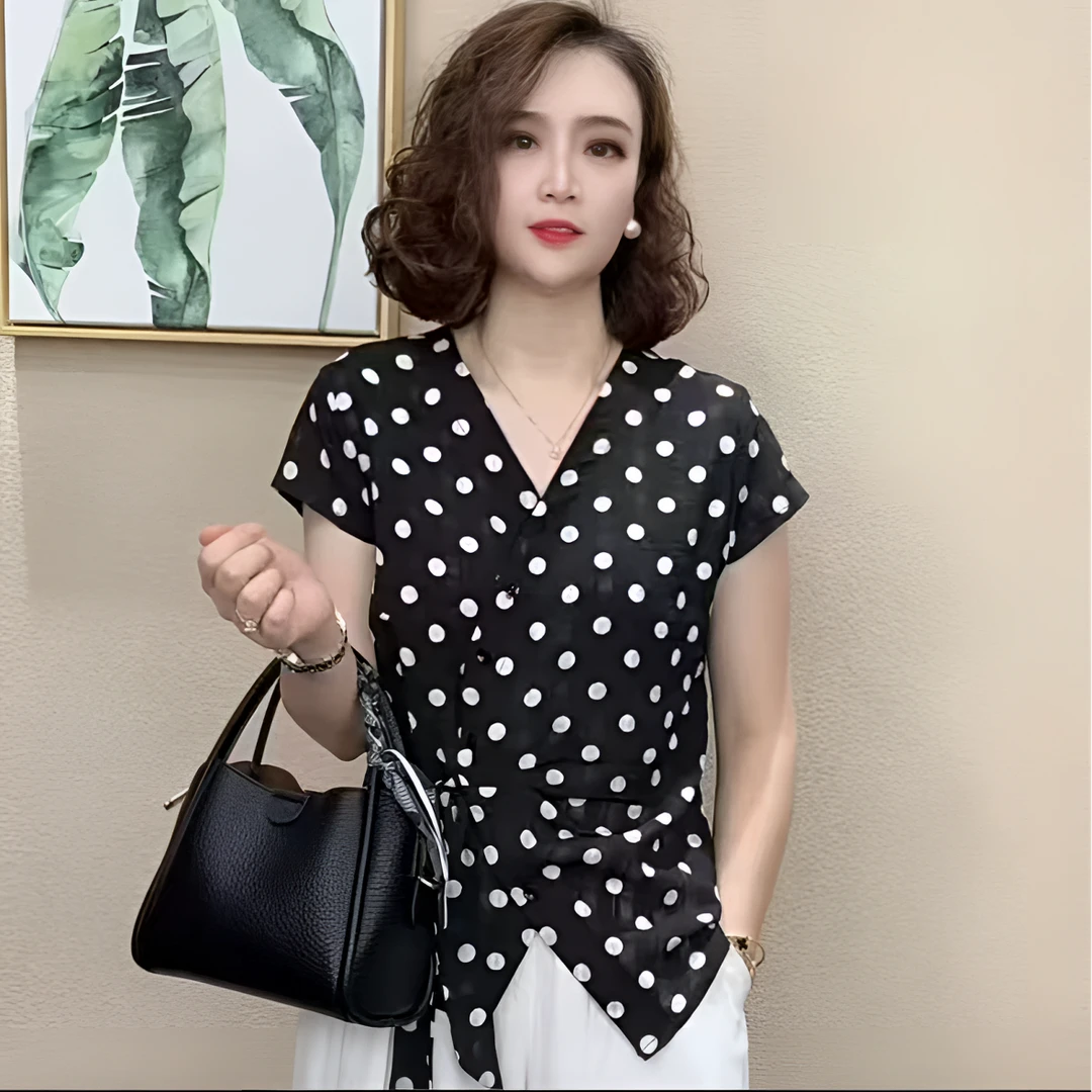 女士夏季新款休闲薄款波点时尚简约百搭洋气显瘦小衫设计感T恤