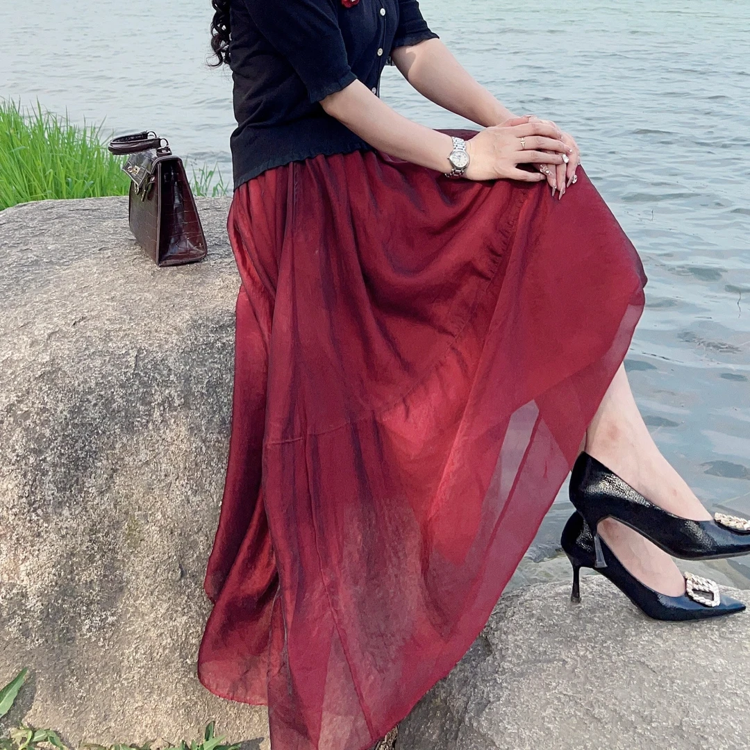 时尚蓬蓬女纱裙2025新款纱裙气质半身裙显瘦红色欧根纱气质半身裙