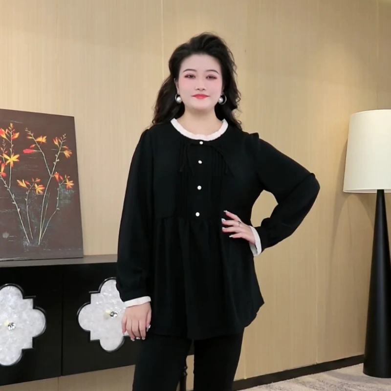 胖晶晶定制大码女装春季国风上衣遮肉显瘦长袖宽松打底衫240161