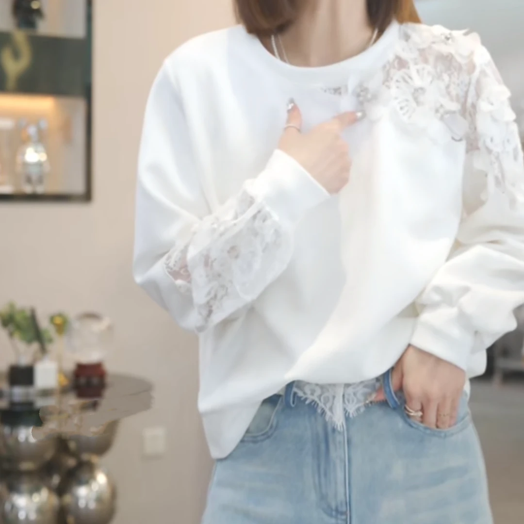 设计感重工蕾丝长袖卫衣女2025春季新款百搭时尚休闲套头圆领上衣
