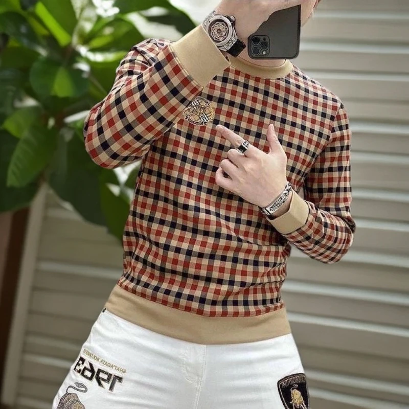 NYING欧洲站秋季休闲卫衣男士T恤长袖刺绣加绒格子上衣套头打底衫