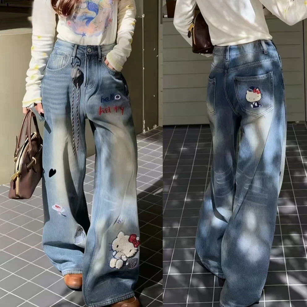 冬季韩系百搭时尚宽松加绒重工刺绣猫咪牛仔阔腿裤B3095