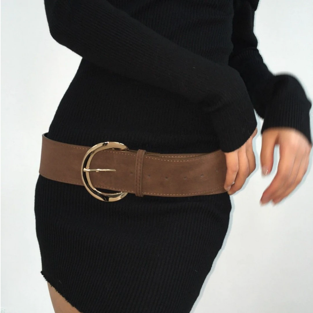 复古西部风辣妹麂皮宽腰带设计感高级感金属扣棕色腰封配连衣裙