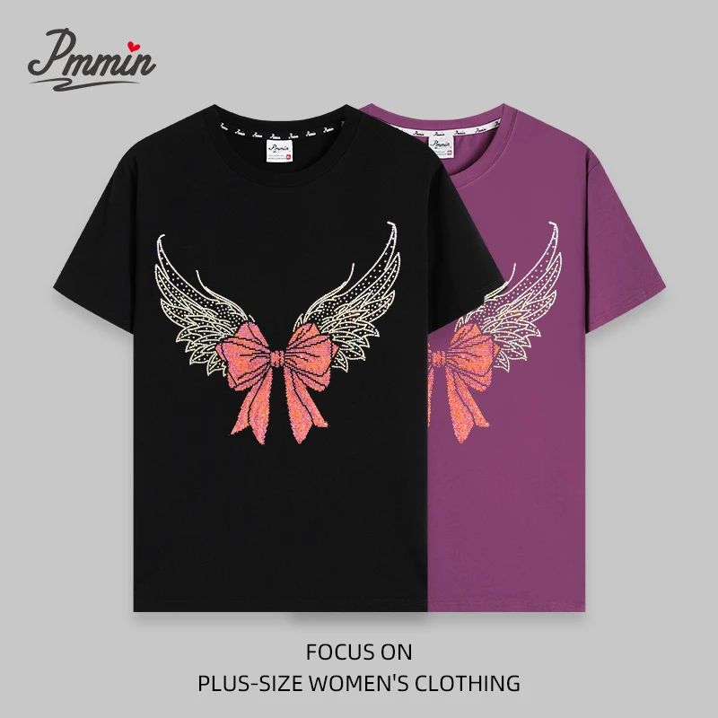 pmmin【钻石翅膀】女装大码设计潮牌烫钻短袖T恤 夏季 贴画烫印