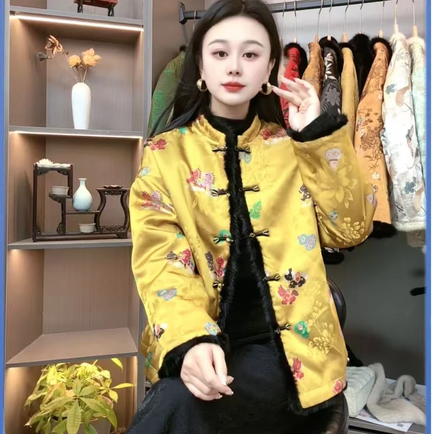 双面穿新中式冬季皮毛一体立领上衣水貂毛新中式唐装提花外套S031