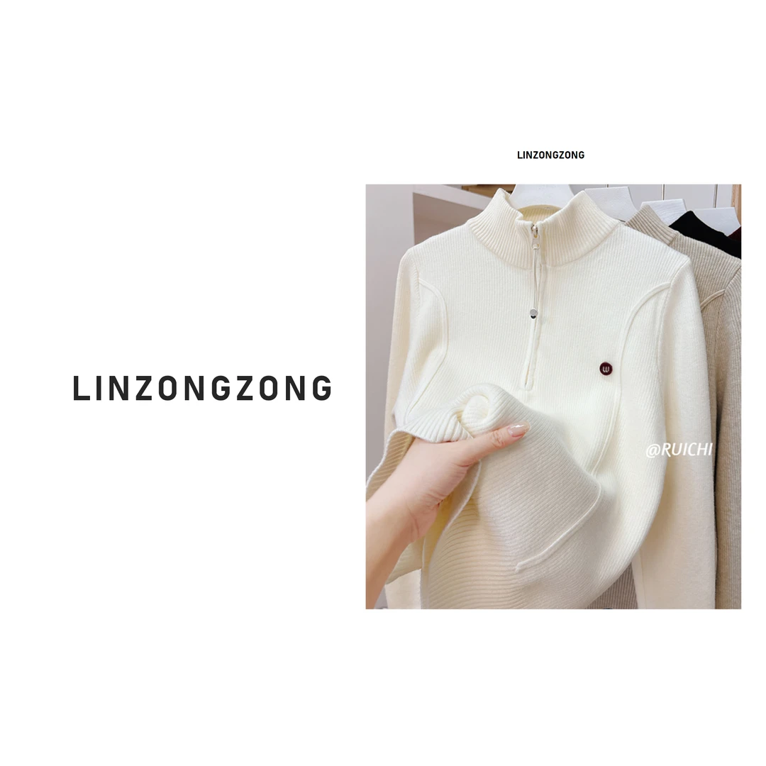加绒加厚半高领2025冬新款高级感拉链设计感套头毛衣长袖保暖女