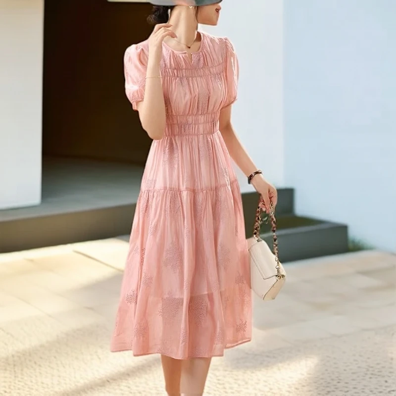 Y2080#粉【木兮兮专属】2025年夏季新款气质显瘦百搭时尚印花连衣裙