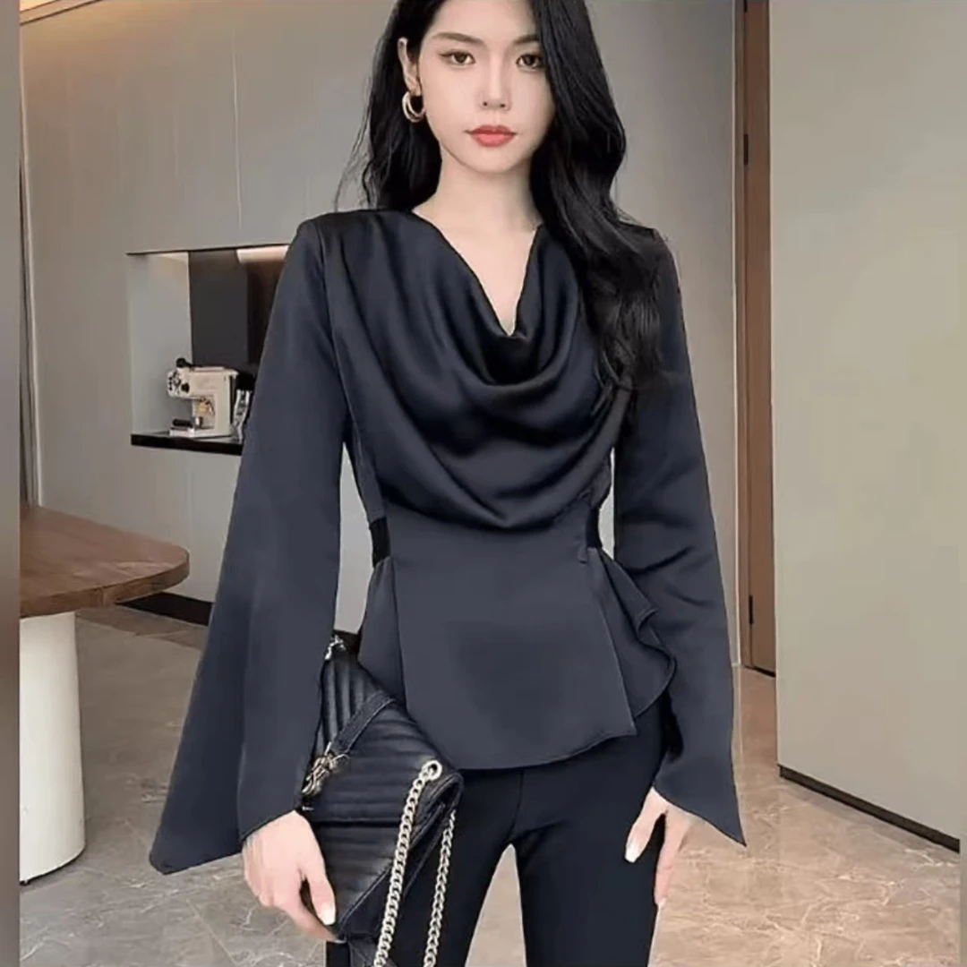 法式气质缎面荡领衬衣新款绑带收腰短款小衫932