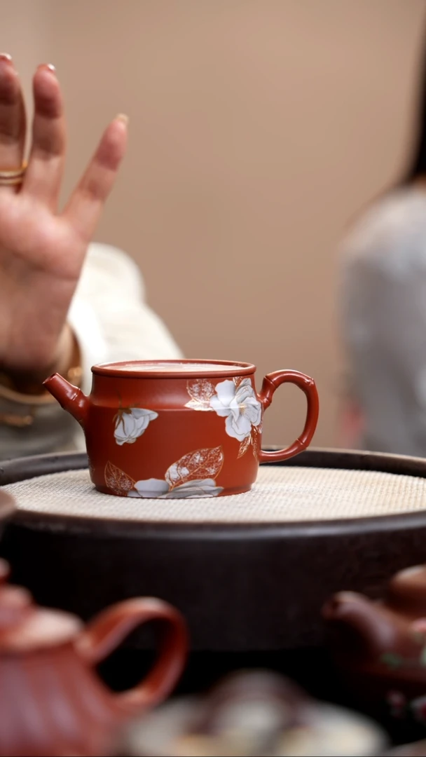 茶壶紫砂朱泥无钮竹节汉瓦银牡丹