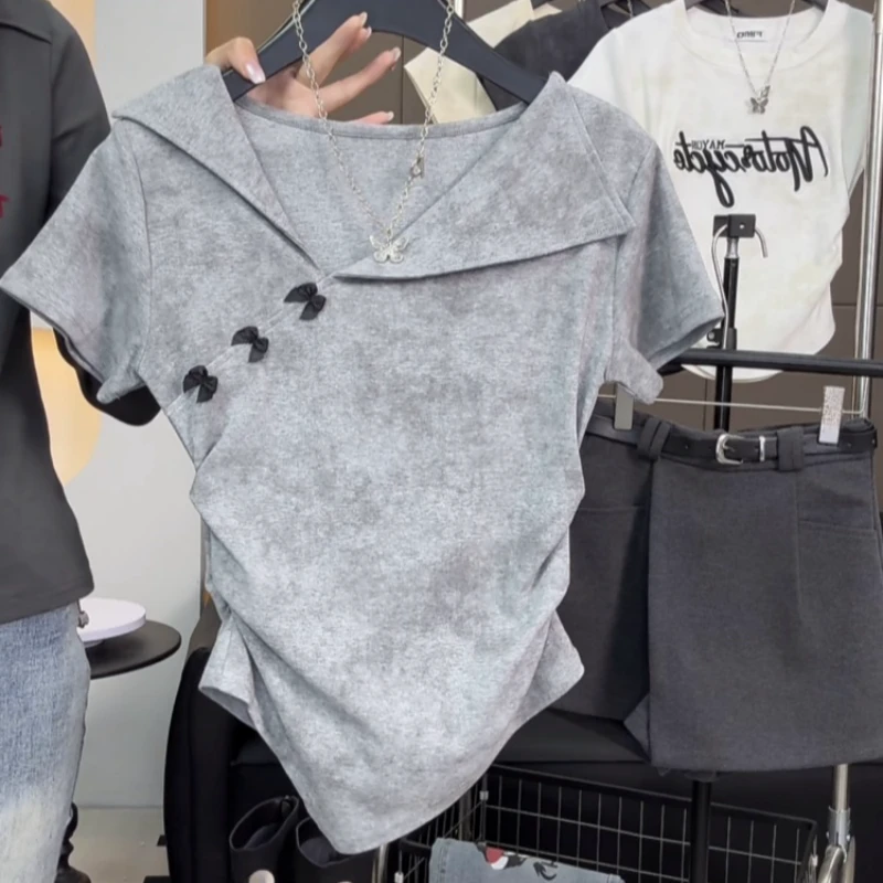 大码纯欲斜领短袖T恤女2025夏装胖MM遮肚显瘦不规则短款正肩上衣