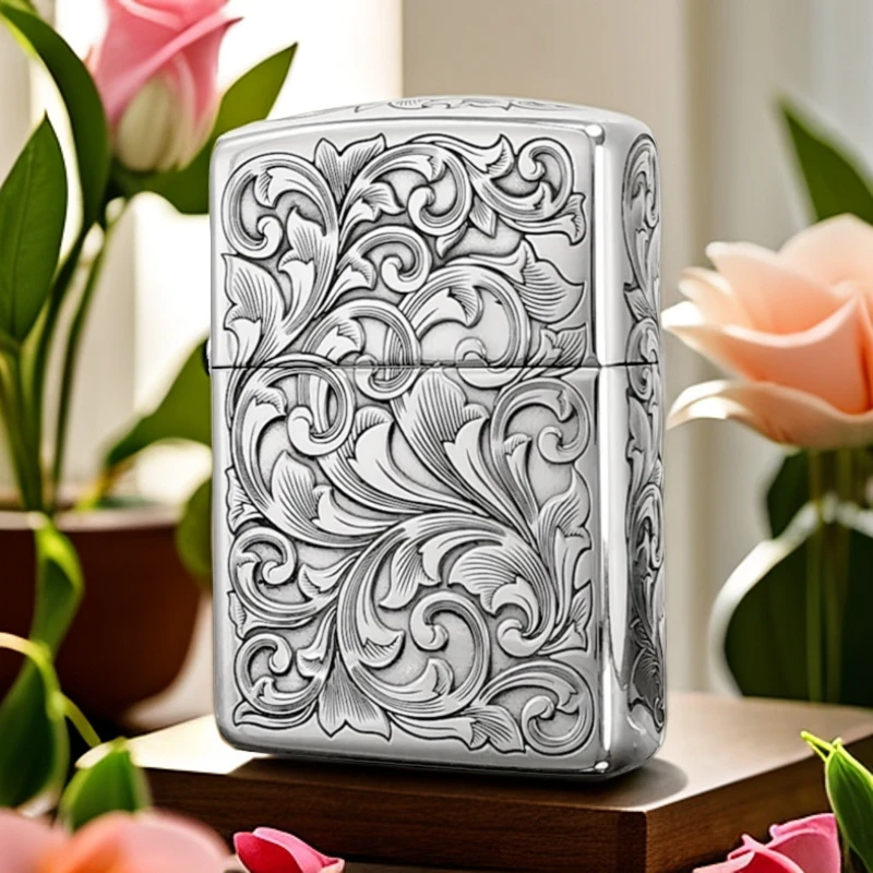 【老李鉴定】zippo打火机五面精雕唐草 925银盔甲DYJ1