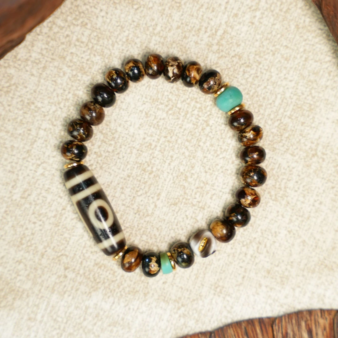 【壹芳珠宝】天然原矿琥珀抚顺折线二眼设计单圈8mm