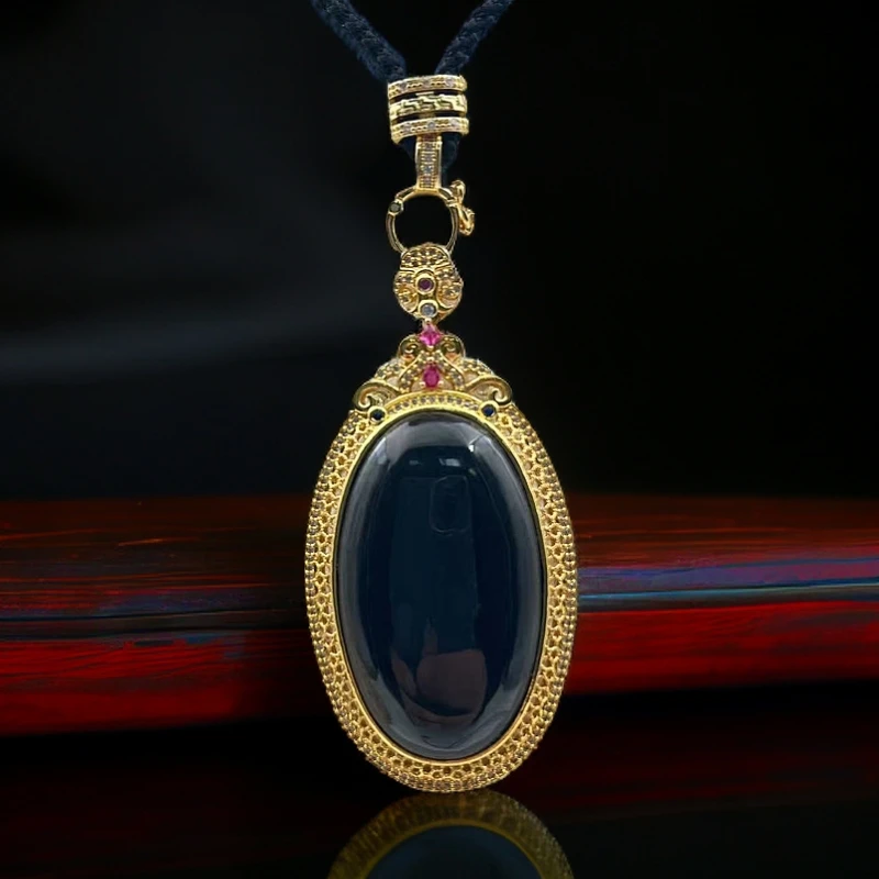 （大盛甄选）（证书+礼盒）深邃合金镶嵌和田玉蛋面塔青吊坠WS738150