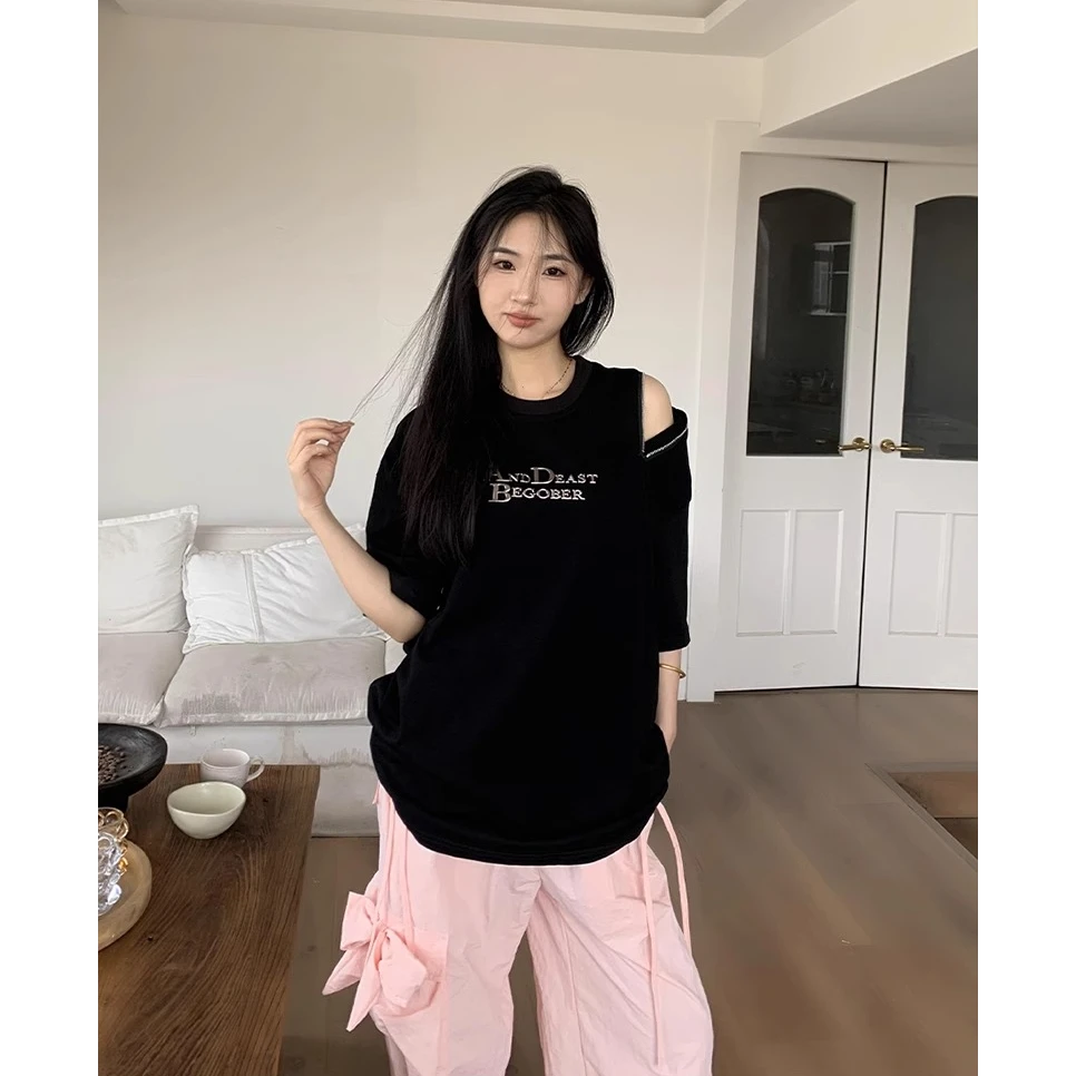 LIGGICC美式简约字母肩膀拉链设计感cleanfit短袖夏季T恤半袖男女