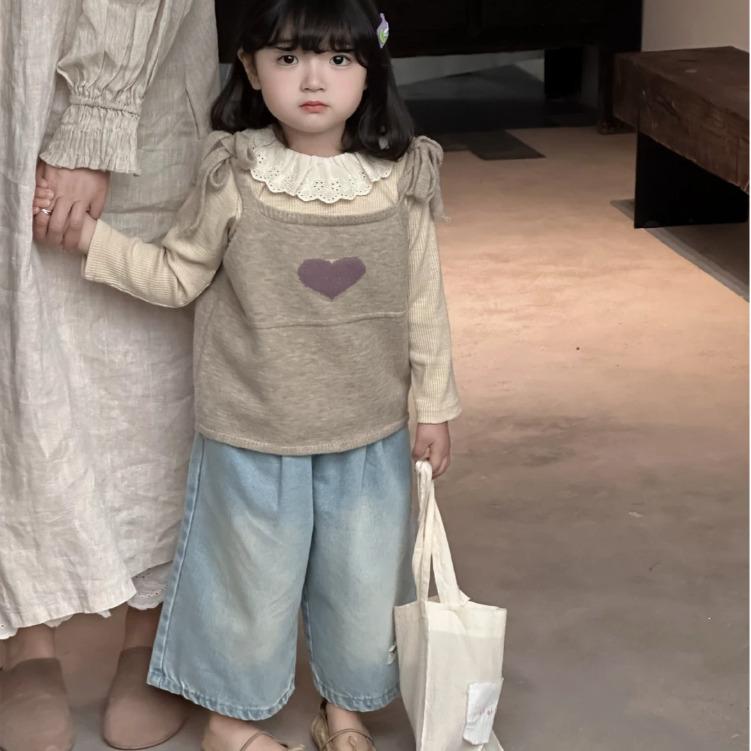 2025春季女宝宝上衣字母爱心吊带衫女童刺绣针织衫百搭套装