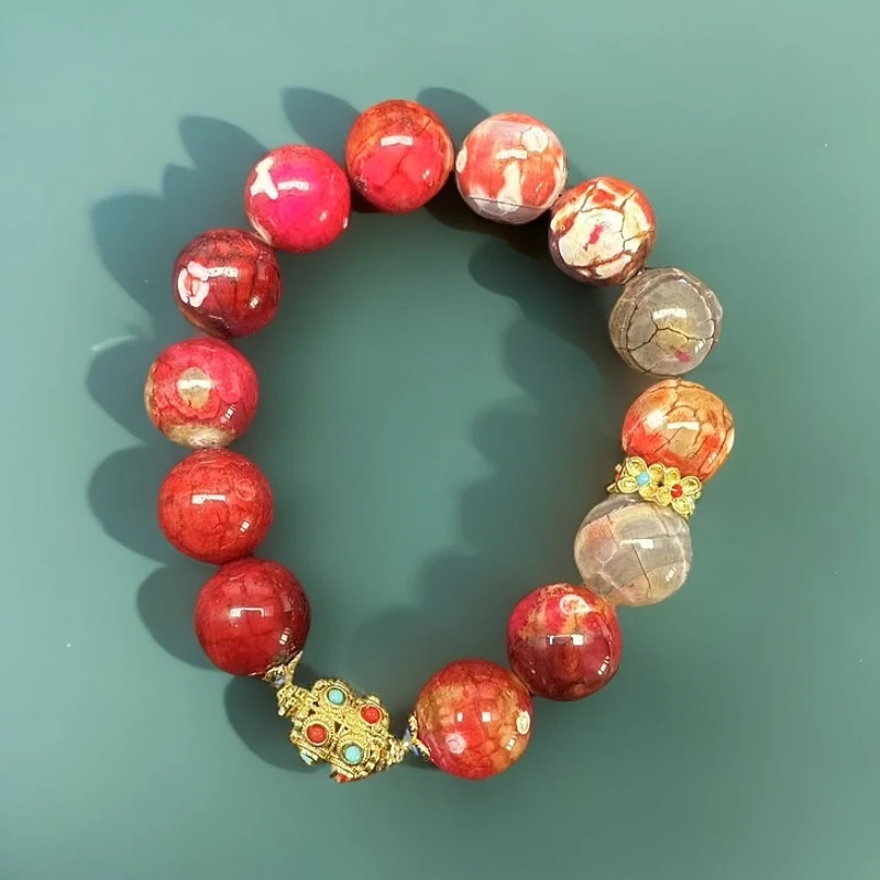 韩氏典藏赤火流岩金莲玛瑙玉石手串2-145