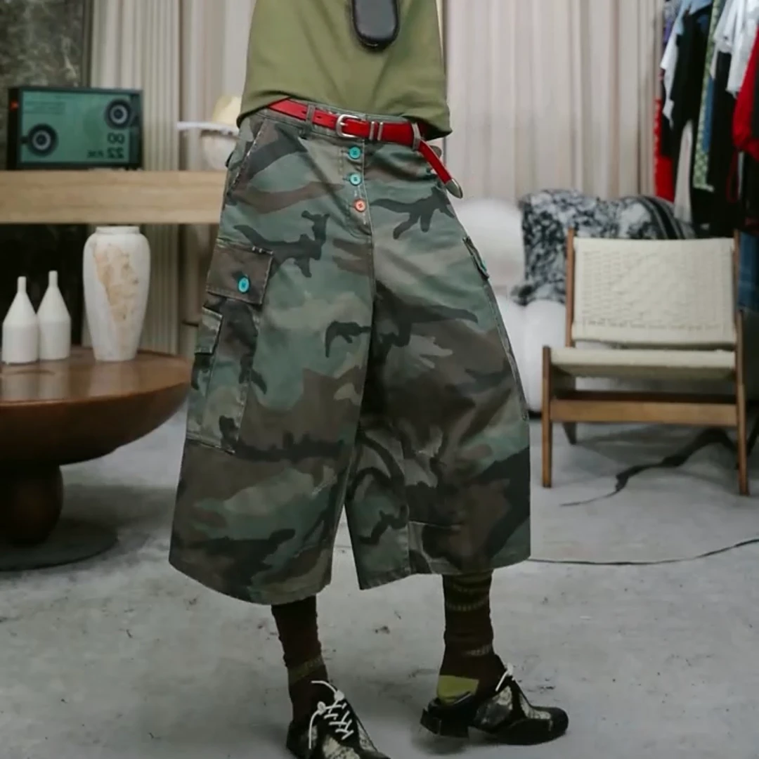 infobyfive2025秋冬迷彩彩色扣子大口袋工装六分裤四店NF0507216
