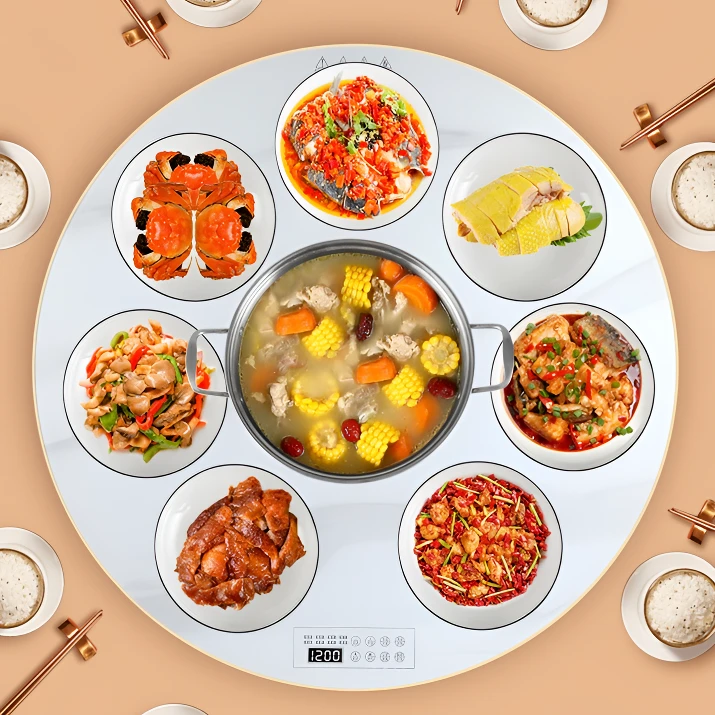 高端餐桌家用多功能暖菜板电磁炉加热菜板保温板自动转盘