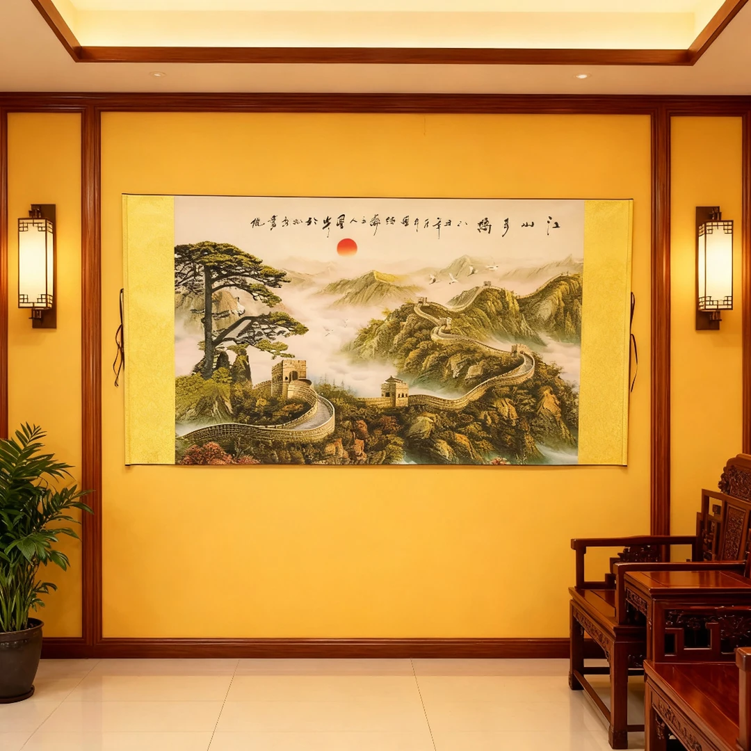 万里长城绿国风山水玄关客厅书法卷轴挂画装饰画