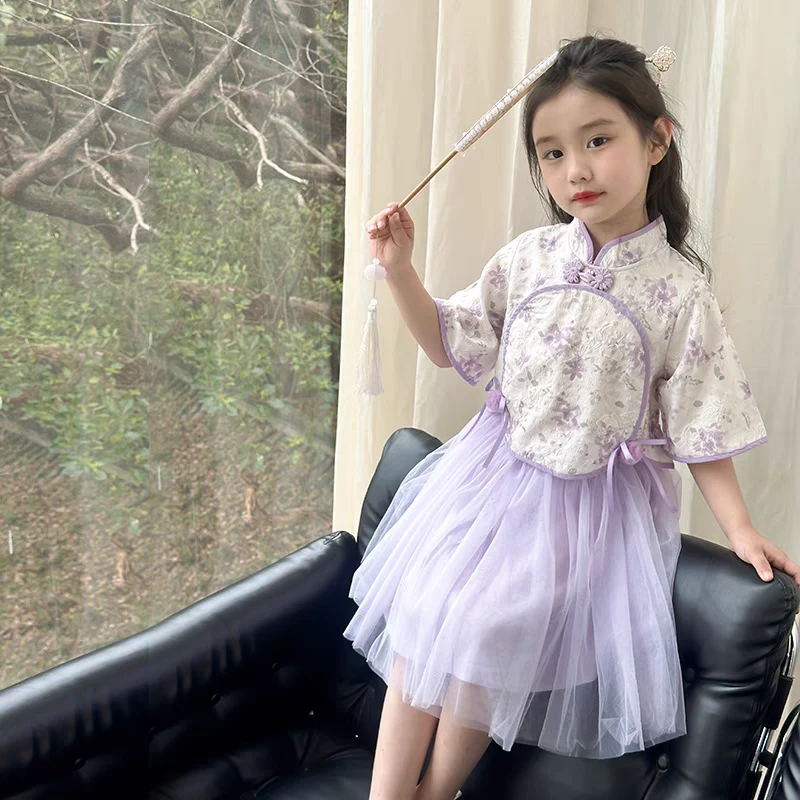 女童国风汉服套装夏季新中式古风唐装夏装女孩短袖纱裙两件套6540