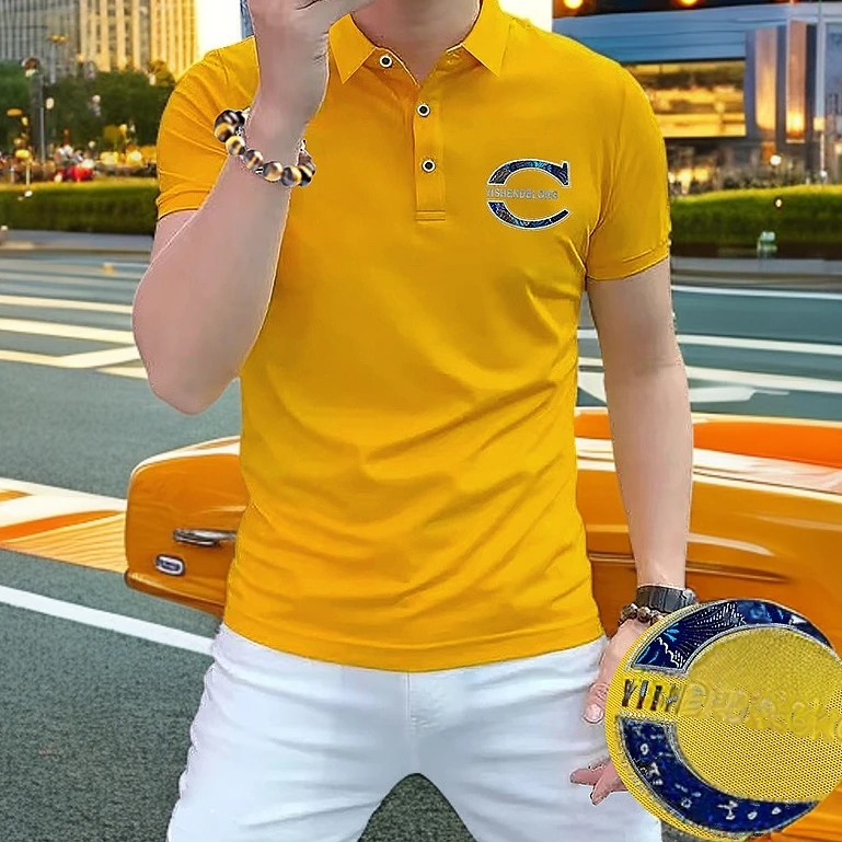 2025夏季新款男士翻领商务短袖Polo衫欧货高档潮牌透气黄色半袖衫