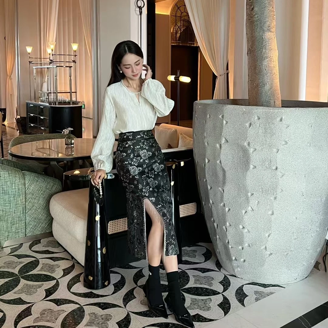 「F-901-F-999」-Z老板深圳南油法式高级感提花高腰包臀碎花半身裙