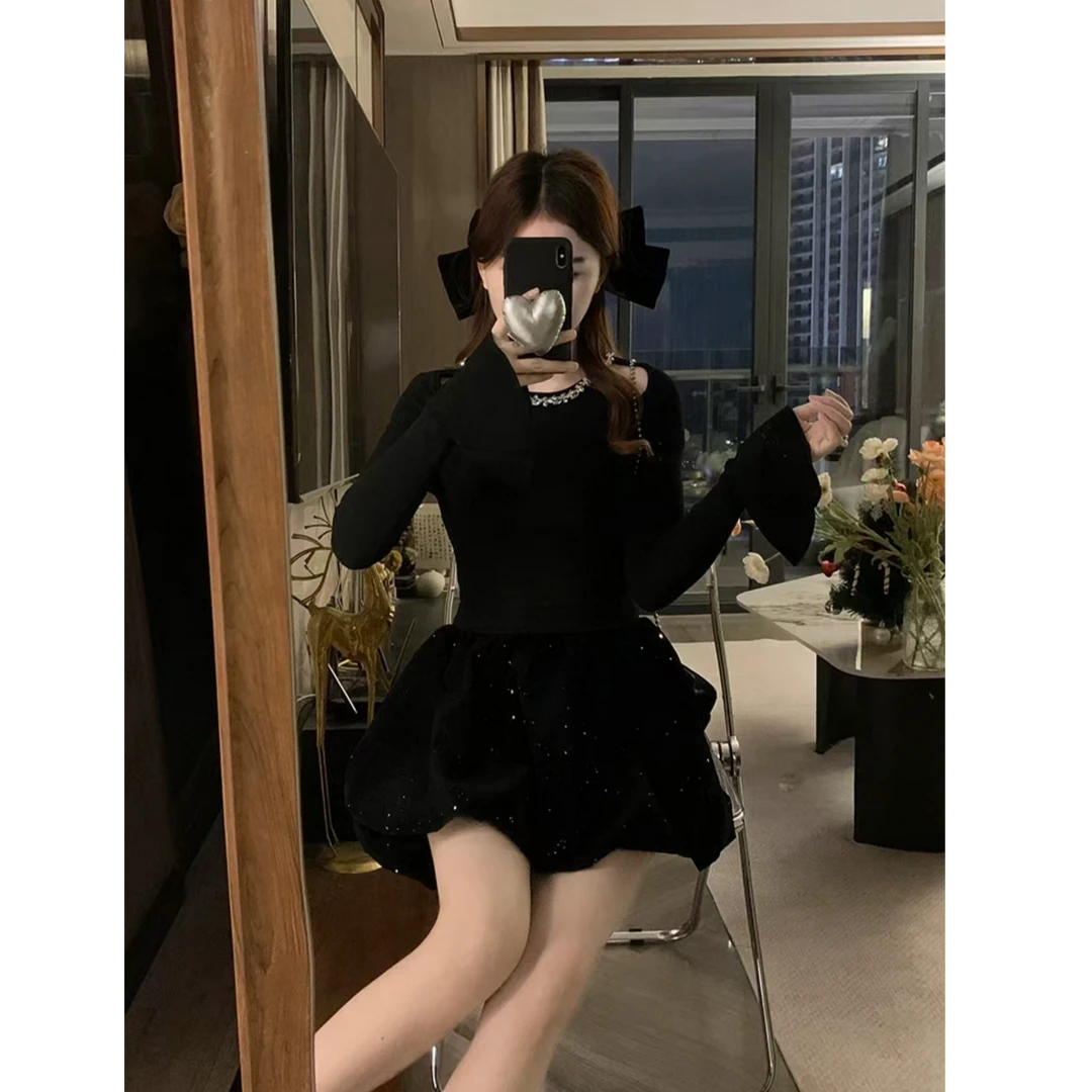 胖mm巴黎舞会法式千金连衣裙设计感重工钉珠挂脖小黑裙-517