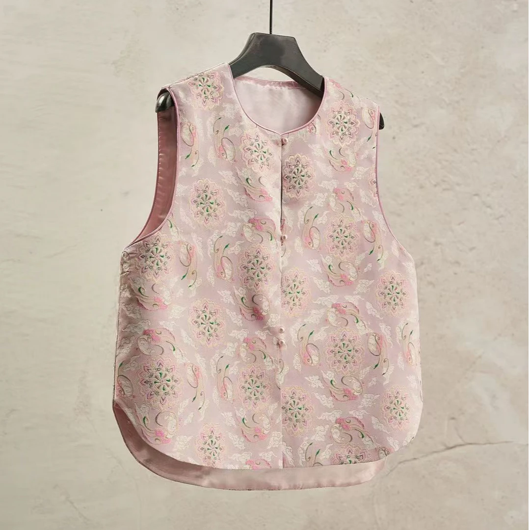 新中式马甲盘扣廓形缎面薄款刺绣外套轻国风女装2025夏季新款