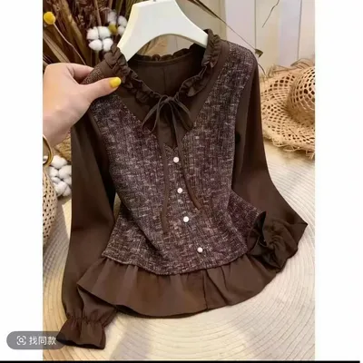 (运费险)法式轻奢风木耳边咖啡色长袖衬衫女小众洋气上衣2
