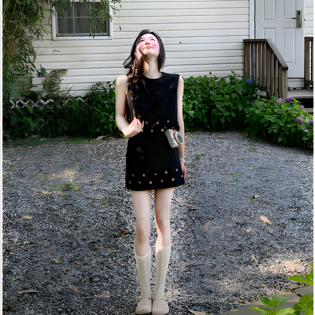 富家千金小香风套装女夏季2025新款无袖背心上衣高腰半身裙两件套