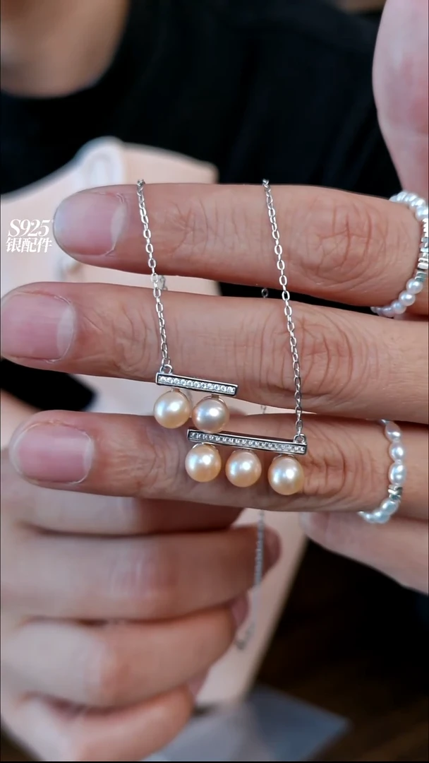 银S925镶嵌项链淡水珍珠双层平衡木吊坠