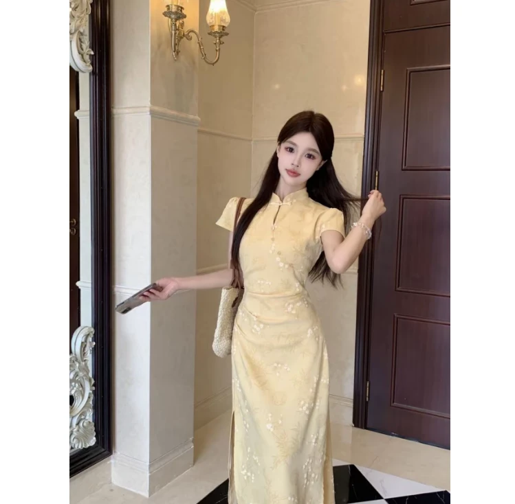 码加加51702新中式提花改良旗袍女夏绝美旗袍领收腰中国风连衣裙