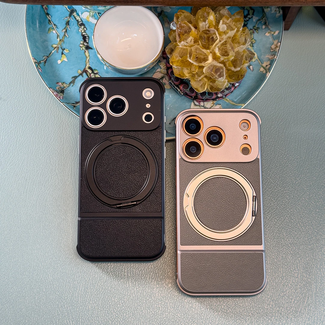 钢本熊适用苹果17ProMax抽拉伸缩磁吸旋转支架金属皮革保护壳