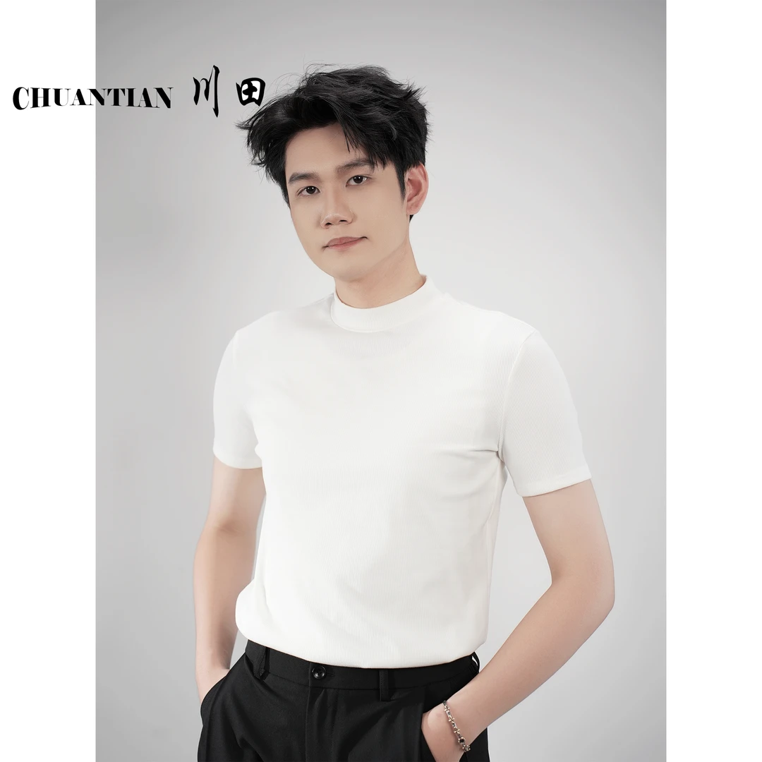 川田-半高领针织夏季纯色百搭休闲短袖上衣-0DL11