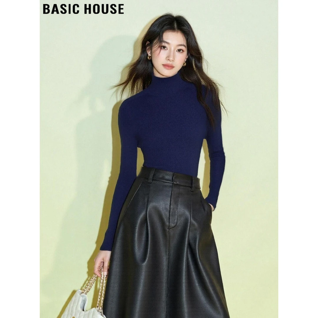 Basic House/百家好气质藏蓝色半高领针织衫女2026秋冬配大衣内搭