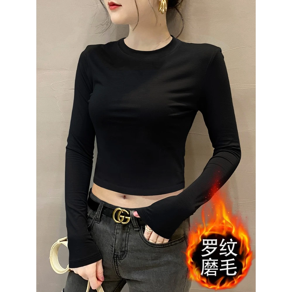 加绒小高领打底衫女内搭2025秋冬新露脐修身长袖黑色洋气保暖上衣